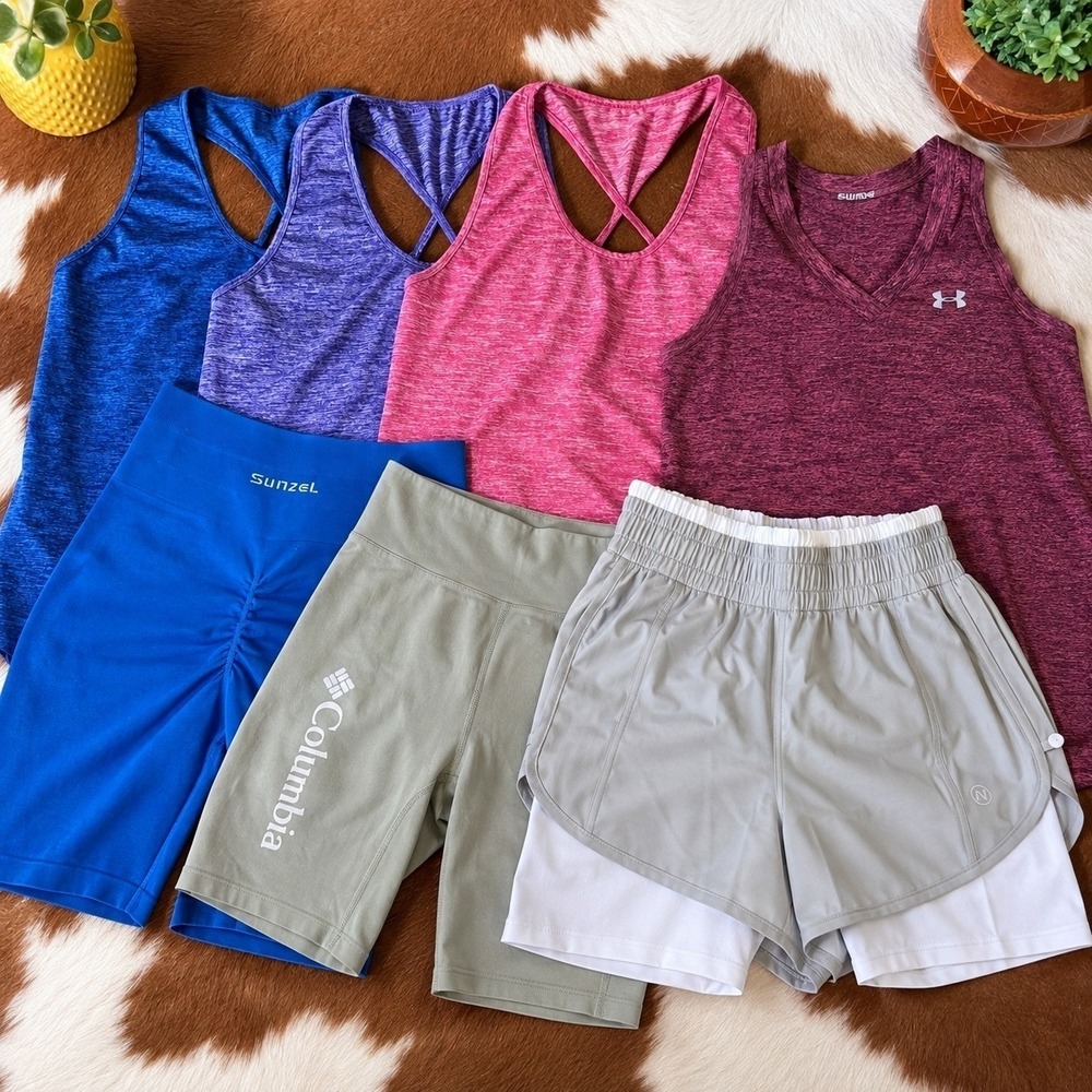 Womens Workout Bundle Under Armour Columbia Sunzel Shorts Tank Tops Set 7pc